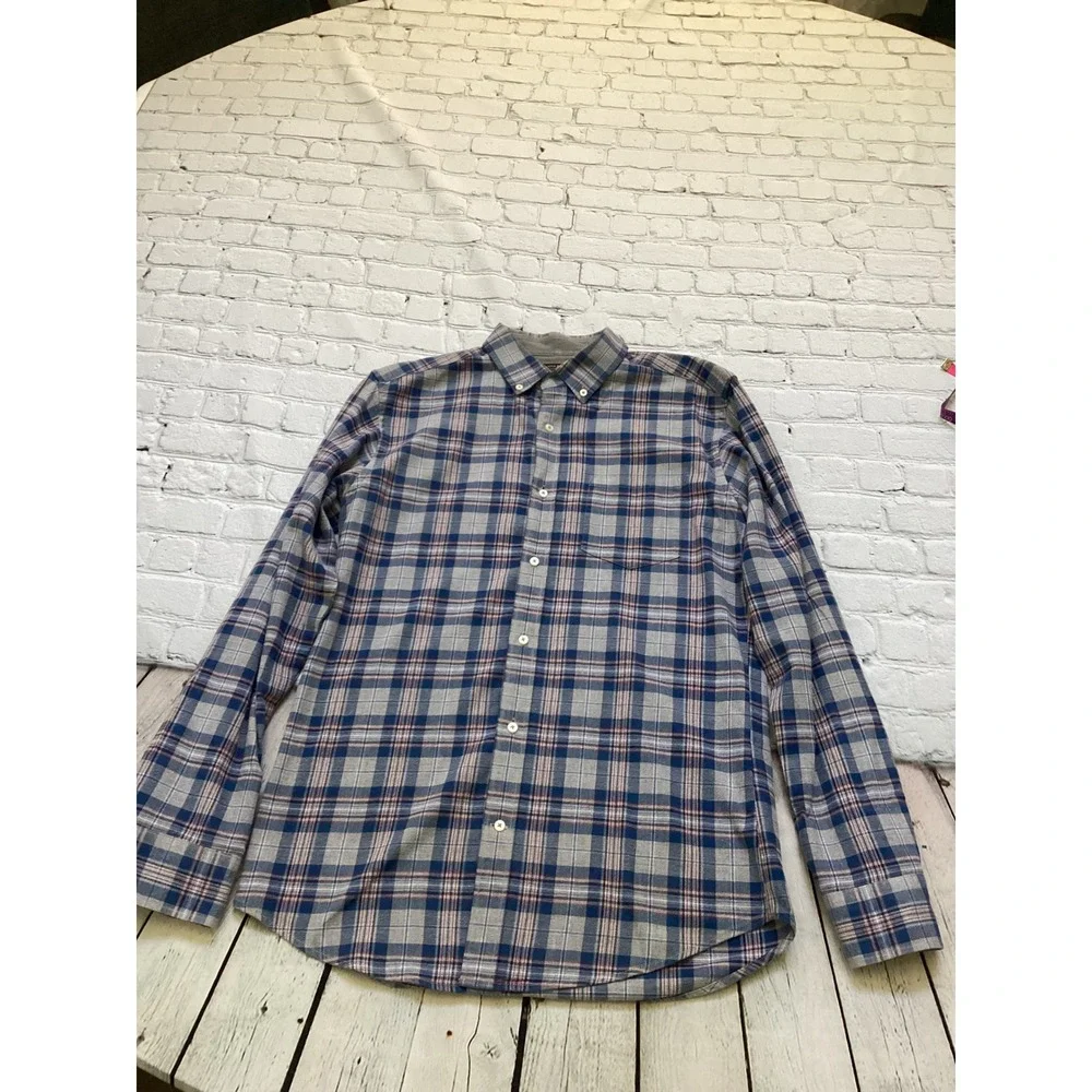 Banana Republic Mens Luxe Flannel Slim Fit Plaid Button Down Shirt Blue Grey M